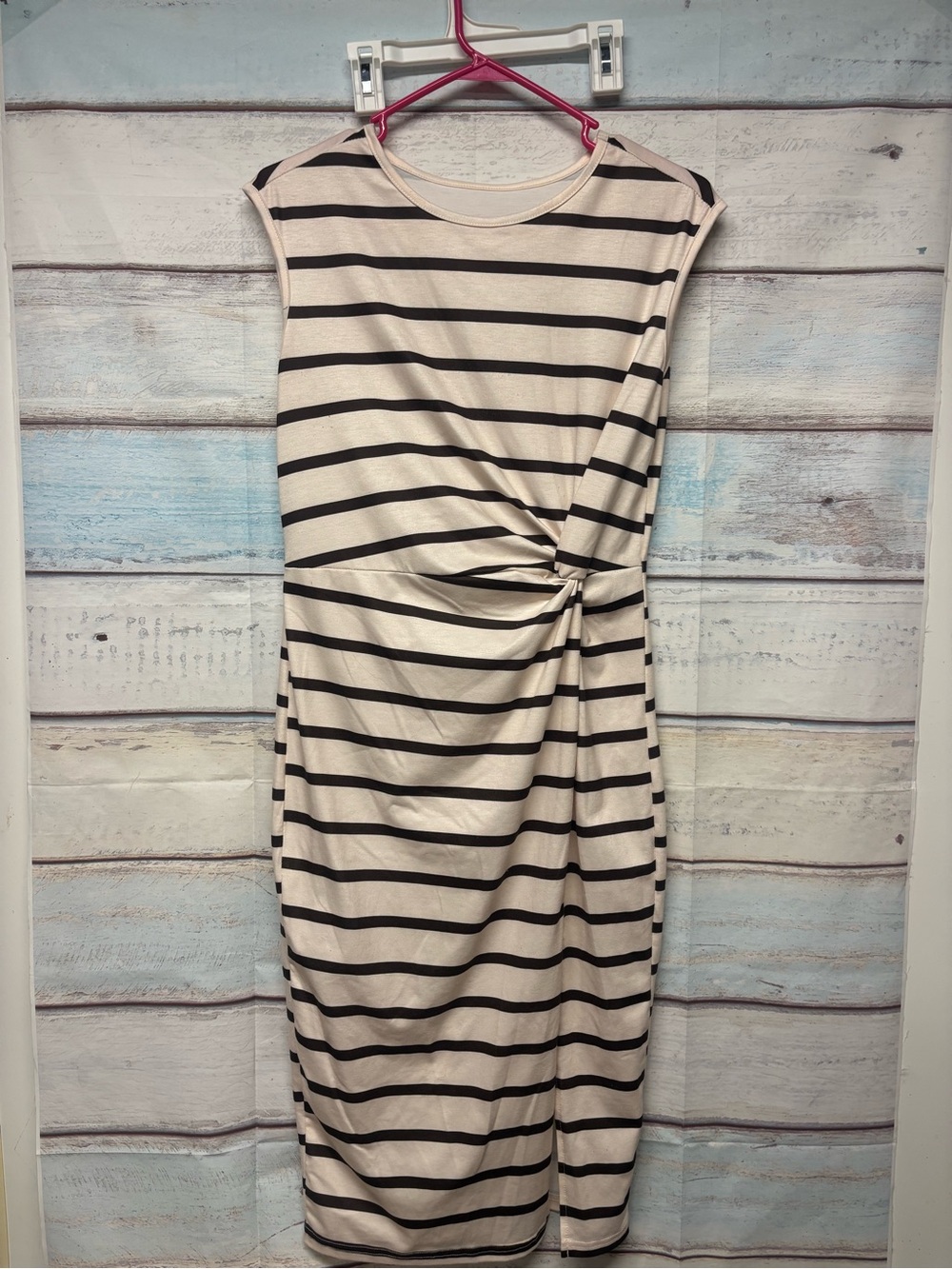 Sleeveless Black and Cream Striped Twist-Waist Dress